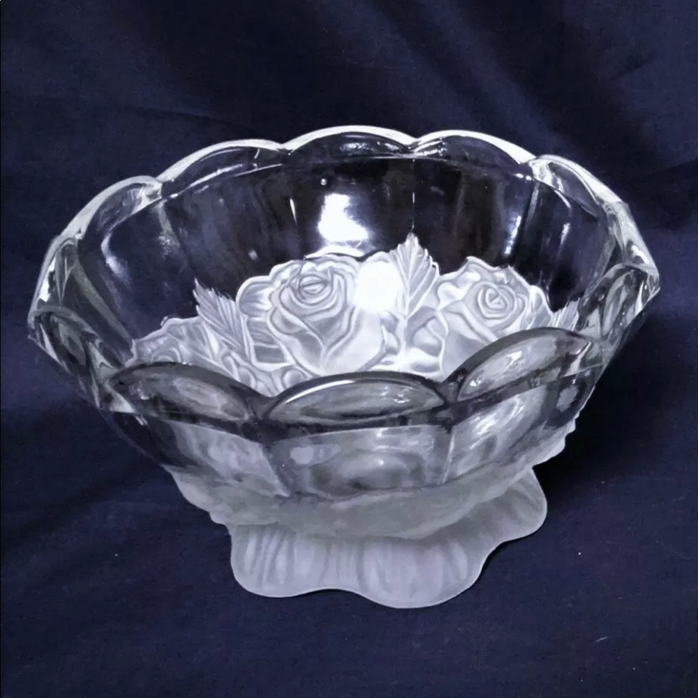 Gorgeous Frosted Rose Footed Hand Cut Crystal Bowl